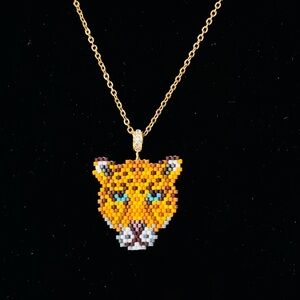 Hand crafted beaded leopard wildcat brick stitched pendant with gold color chain